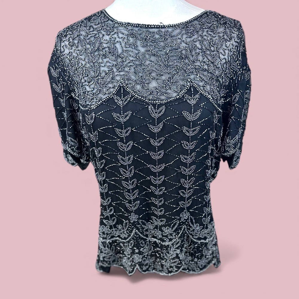 Adrianna Papell VTGE Black Silk Beaded‎ Sheer Overlay Short Sleeve Top Evening